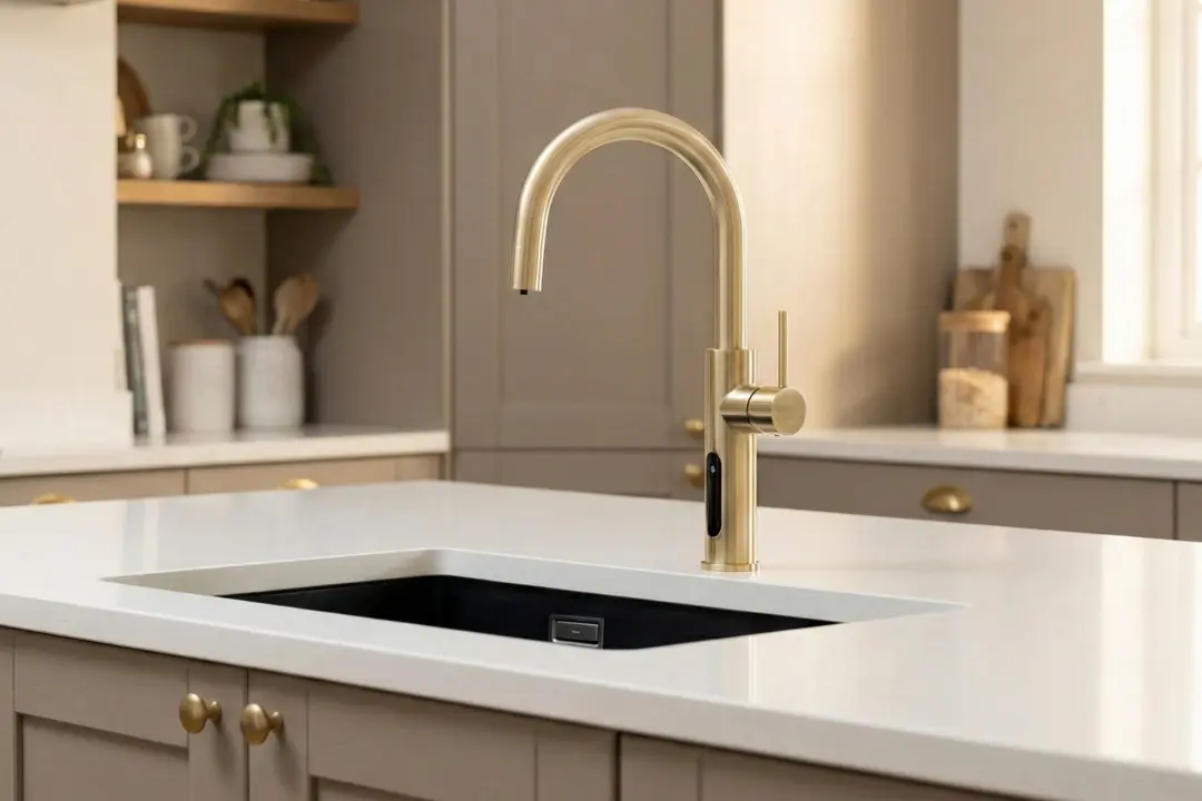 Vettä Digital 5-in-1 tap in Brushed Nickel, cream kitchen setting